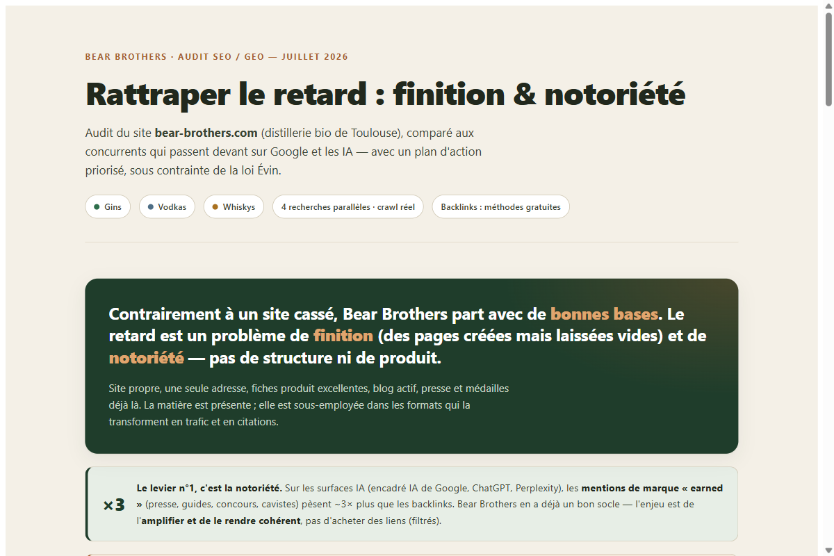 Le rapport d'audit SEO/GEO réel livré à Bear Brothers, ouvert dans un navigateur
