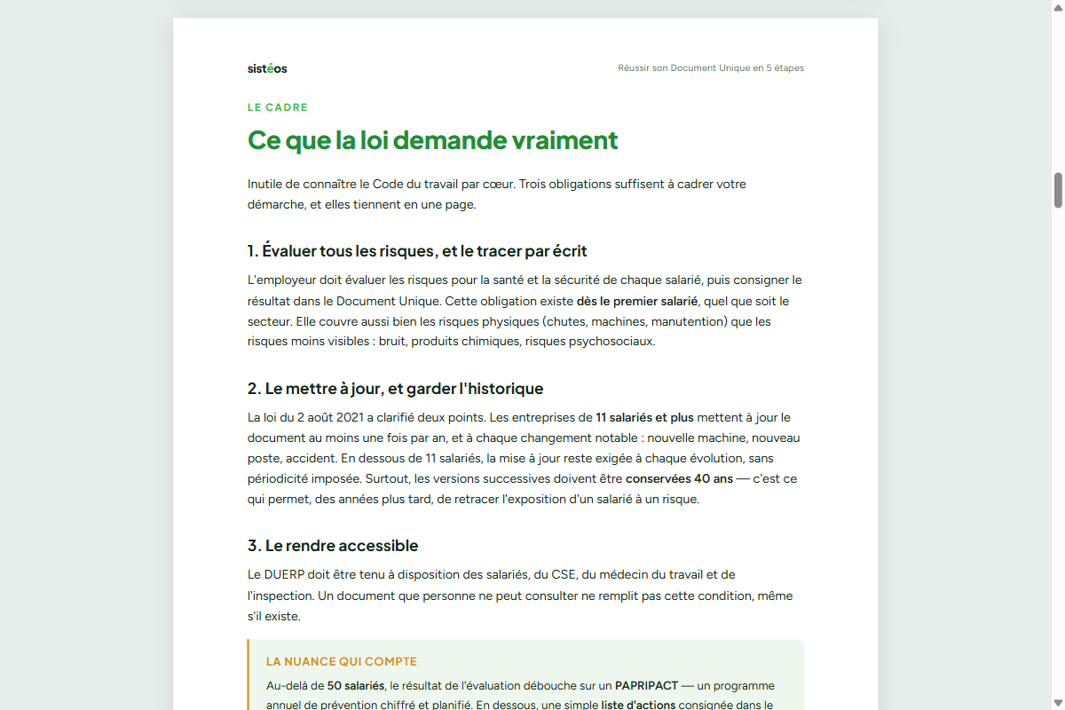 Une page intérieure du livre blanc SISTEOS « Réussir son Document Unique » : le cadre légal en trois obligations