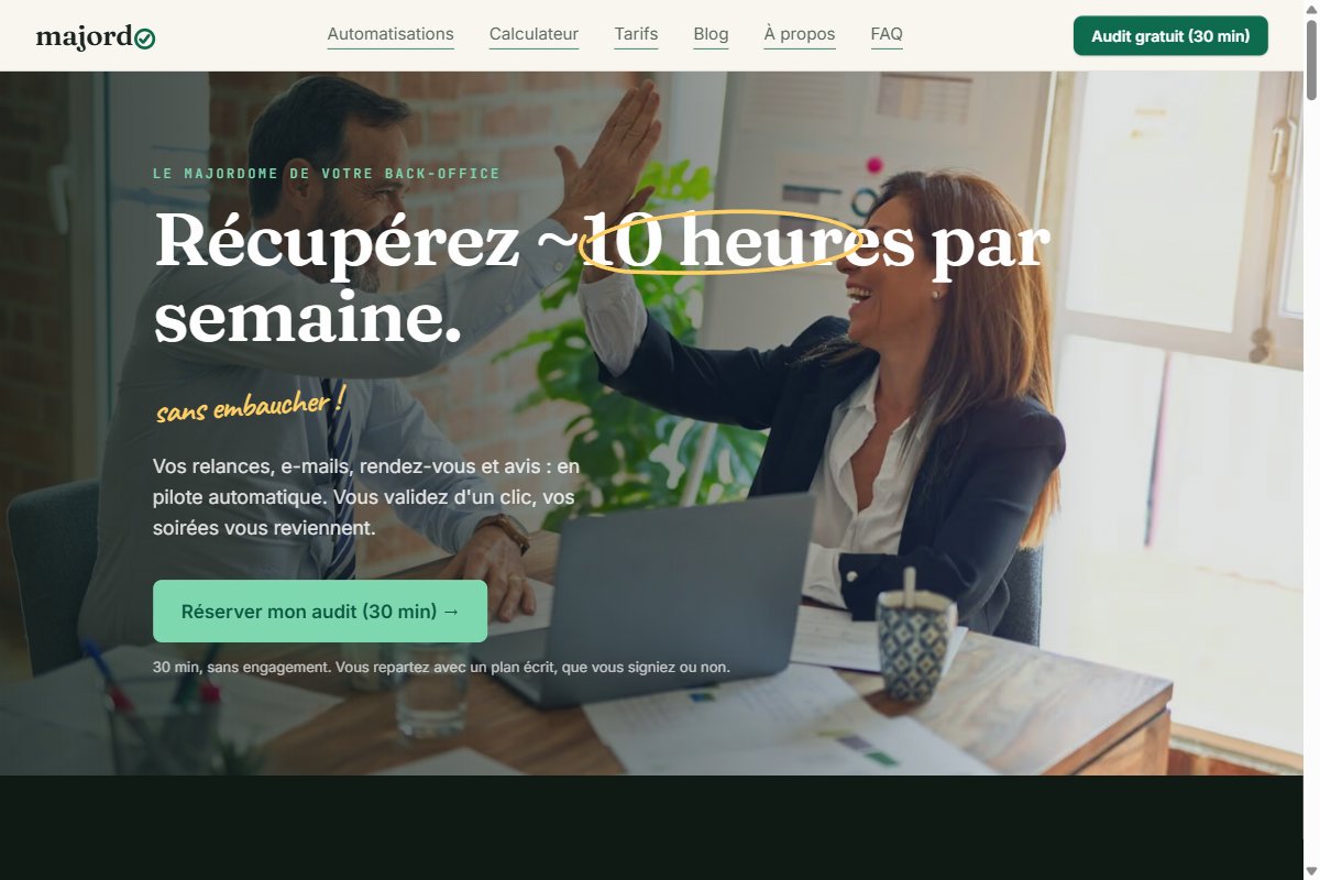 La page d'accueil du site Majordo : « Récupérez ~10 heures par semaine »